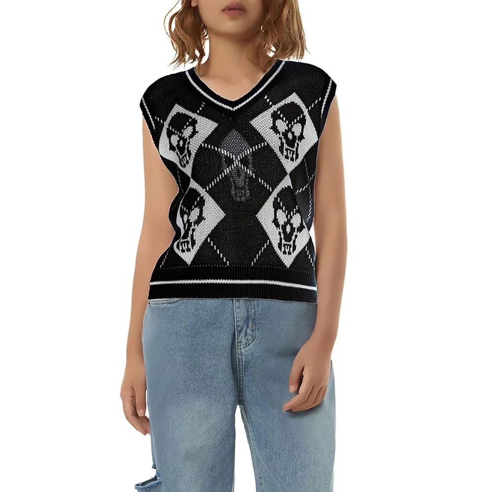 jinghuiyue Women's Sleeveless Sweater Vest Halloween Skull
